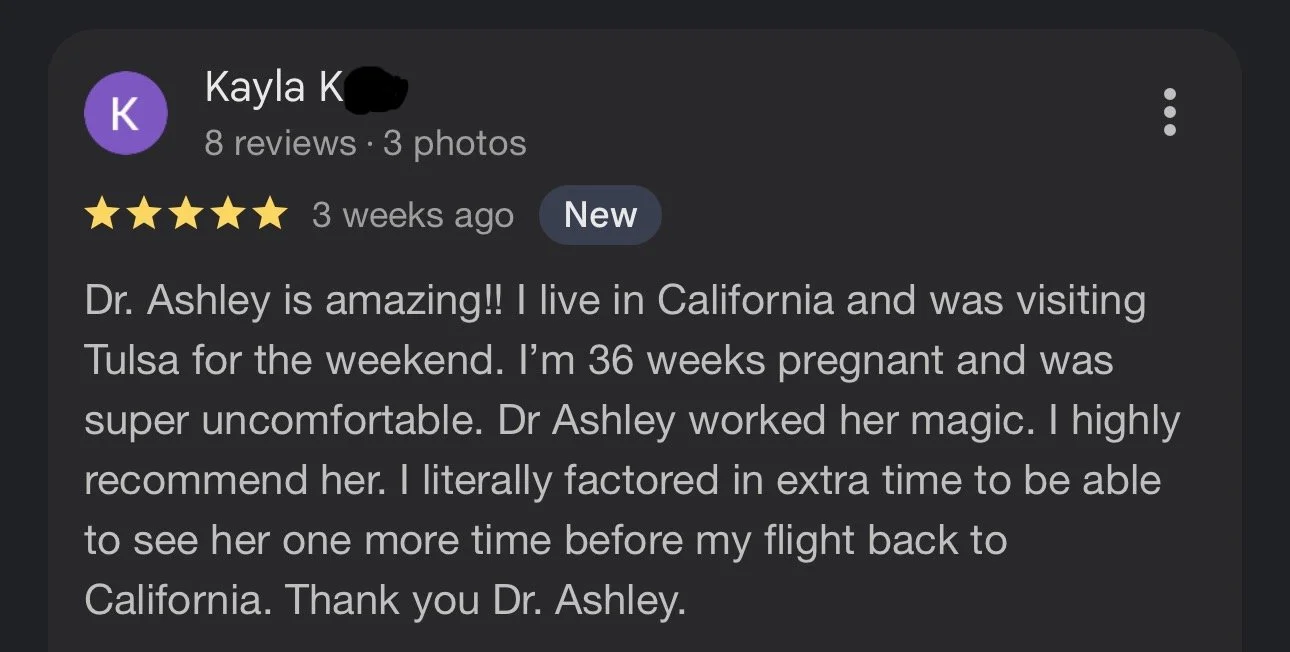 Screenshot of a Google review by Kayla K. expressing gratitude for Dr. Ashley after a prenatal visit, highlighting her positive experience and recommending her.
