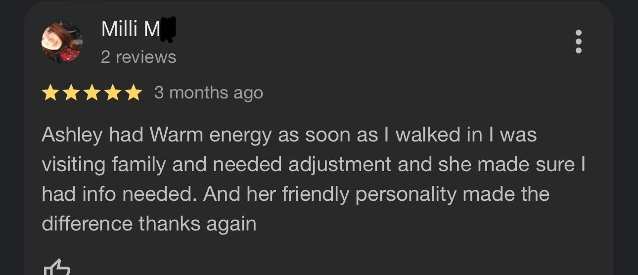 Online review for a service provider, five-star rating, review from a customer praising Ashley for her warm energy, helpfulness, and friendly personality.