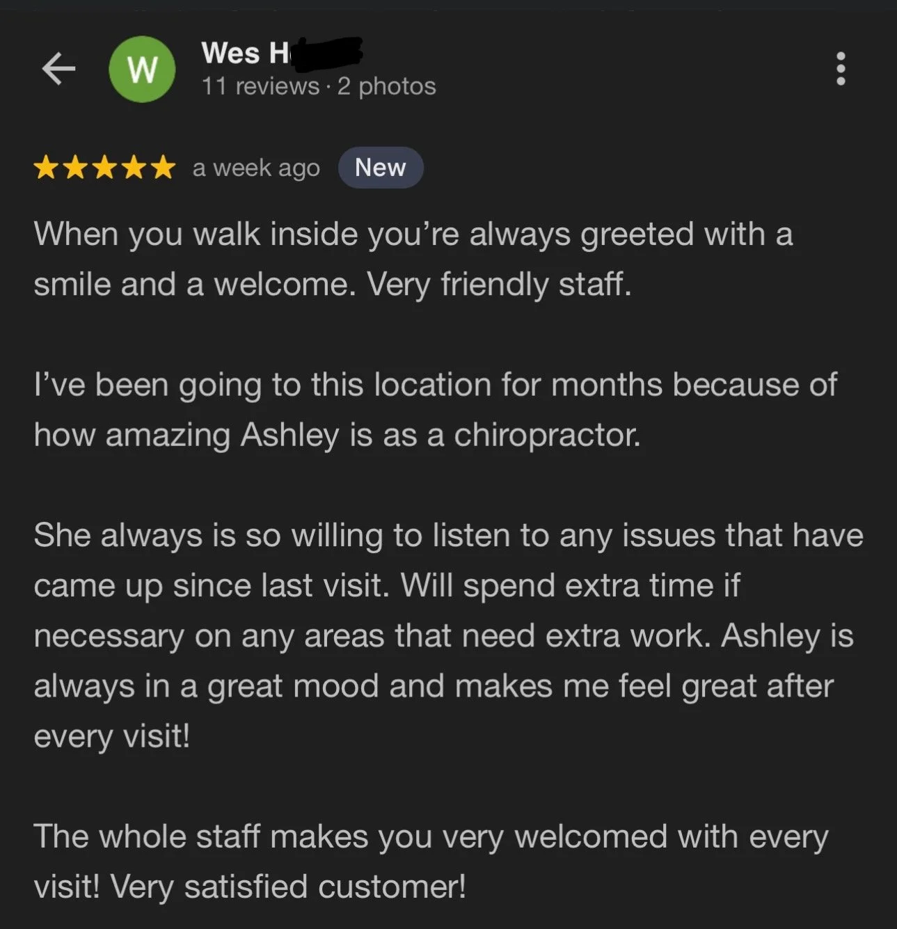 Screenshot of a 5-star review for a chiropractic office, praising friendly staff and excellent service.