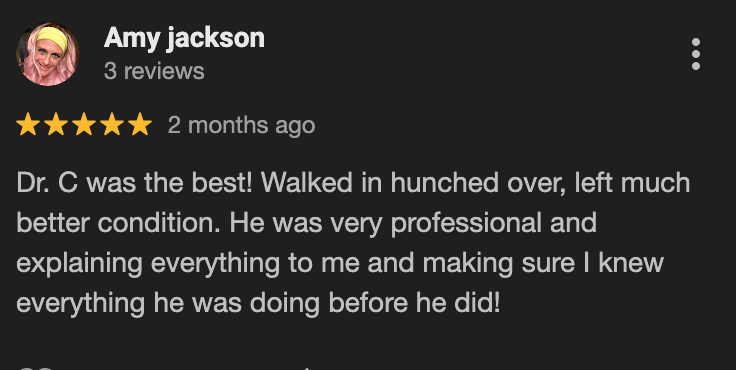 Review with five stars from Amy Jackson, praising Dr. C for being professional and thorough during the visit.