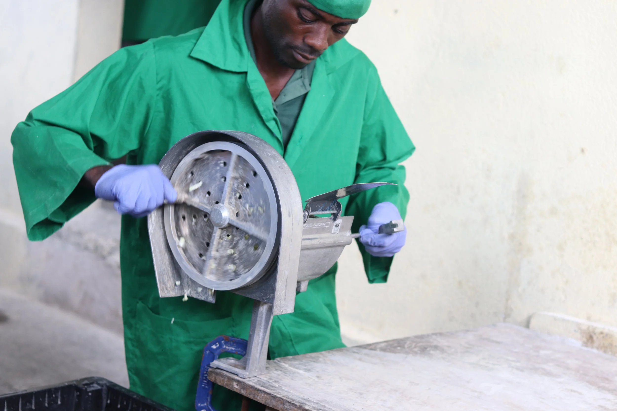 A man wearing a green coat and purple gloves operates a manual meat grinder on a wooden work surface.