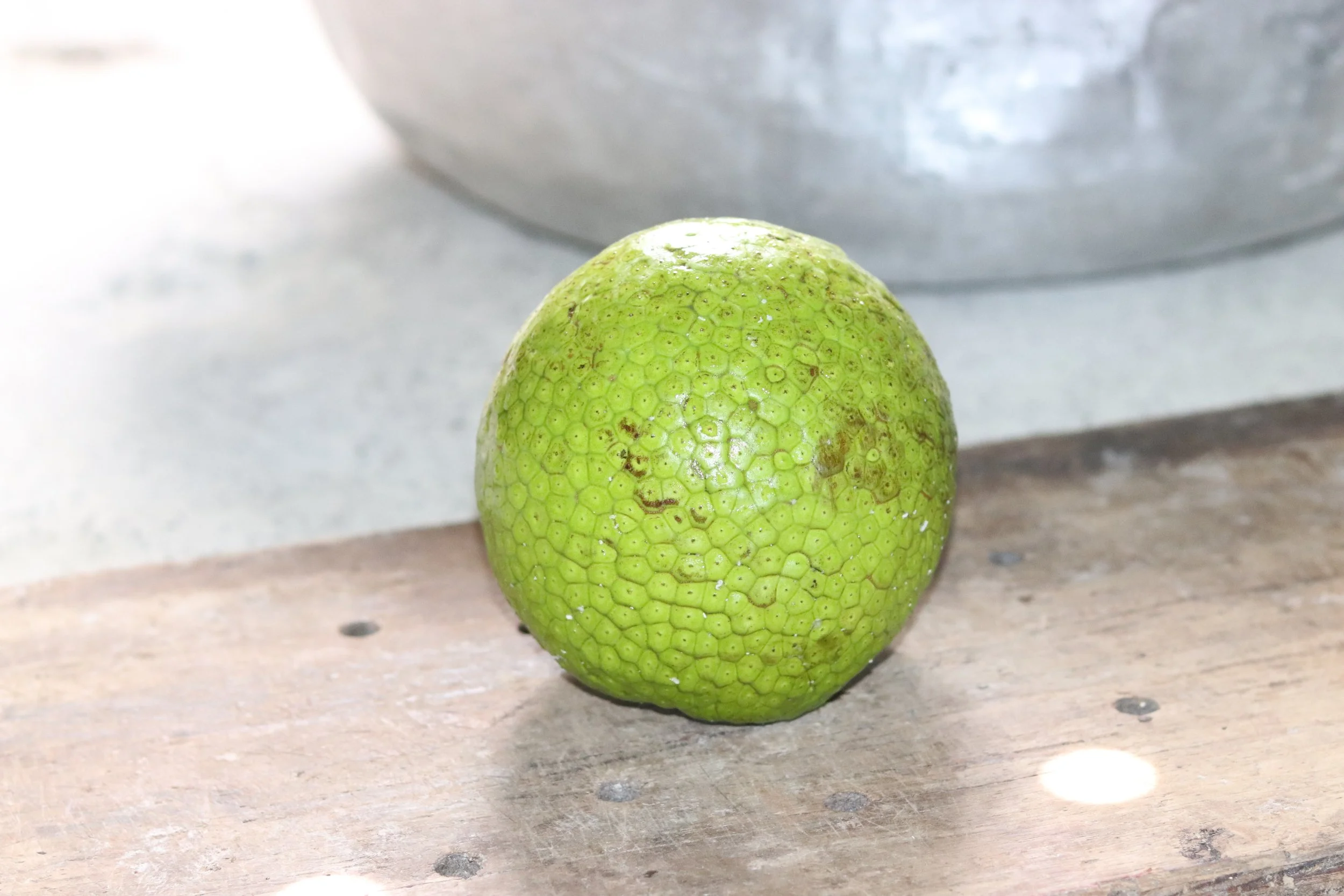 A green lemon placed on a wooden surface with a blurred metallic background behind it.