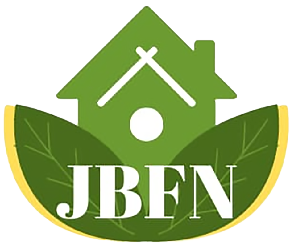 Green house with a roof, surrounded by large green leaves and lemon slices, with the text 'J BEN' at the bottom.