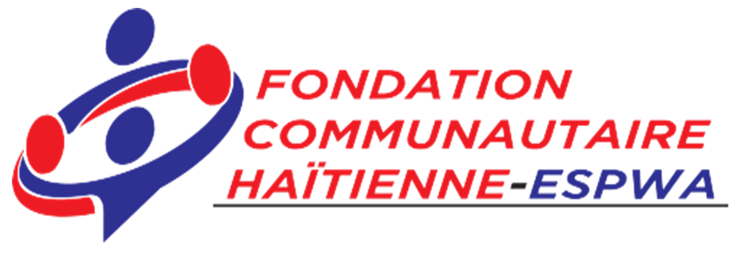 Logo of Fondation Communautaire Haïtienne ESPWA featuring abstract shapes in red, blue, and white with the organization's name in bold red and blue text.