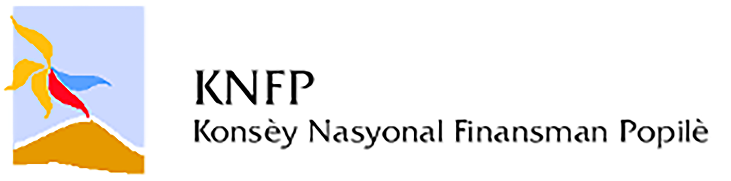 Logo of the National Agency for Financial Management of Turkey, showing a stylized eagle with a blue background and red, yellow, and blue feathers, with the text 'KNFP' and 'Konsèy Nasyonèl Finansman Popilè' beside it.