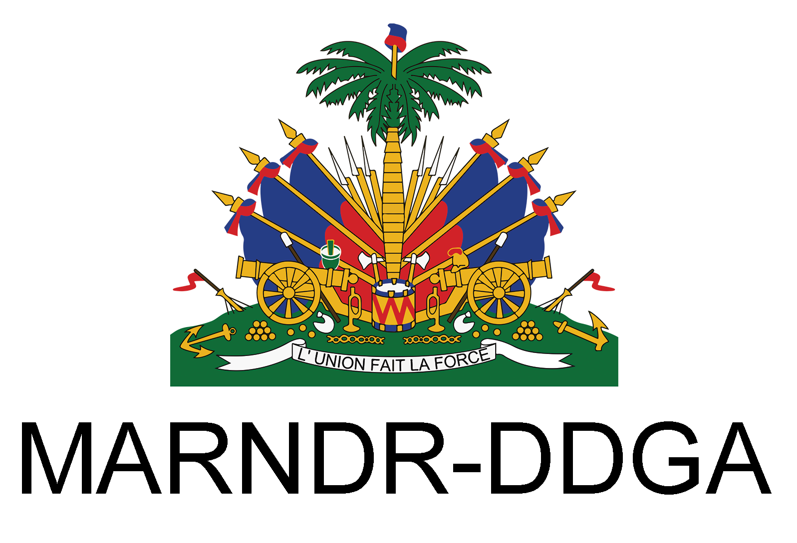 The coat of arms of Haiti featuring a palm tree, cannons, and weapons, with the motto 'L'Union Fait La Force' on a banner at the bottom.