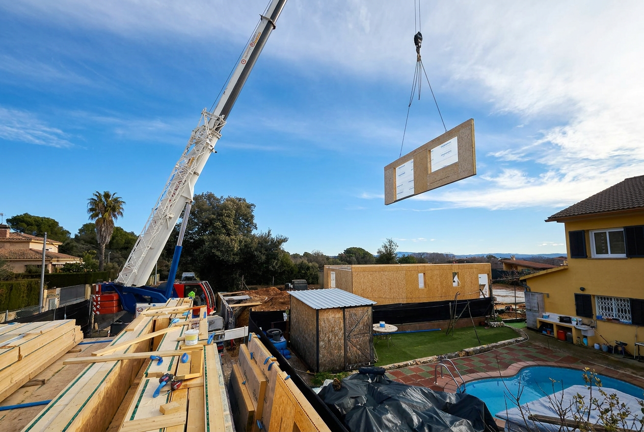 Montaje de vivienda modular mediante grúa en un proyecto de construcción eficiente y sostenible. Solución moderna para ampliaciones, reformas integrales y nuevas edificaciones con procesos optimizados y alta eficiencia constructiva.