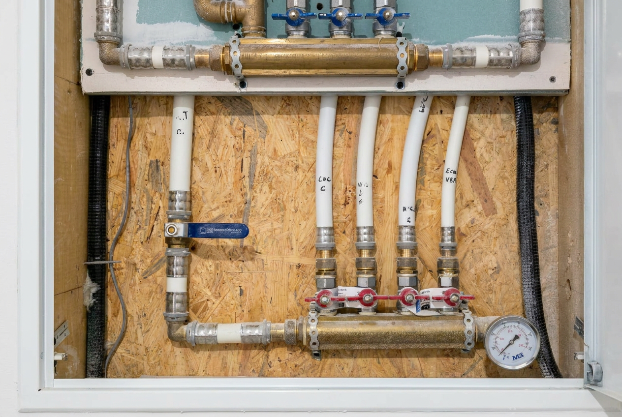 Instalación de fontanería y distribución de agua en proyecto residencial, ejecutada con materiales de alta calidad y criterios de eficiencia, fiabilidad y durabilidad para garantizar el correcto funcionamiento de las instalaciones del edificio.
