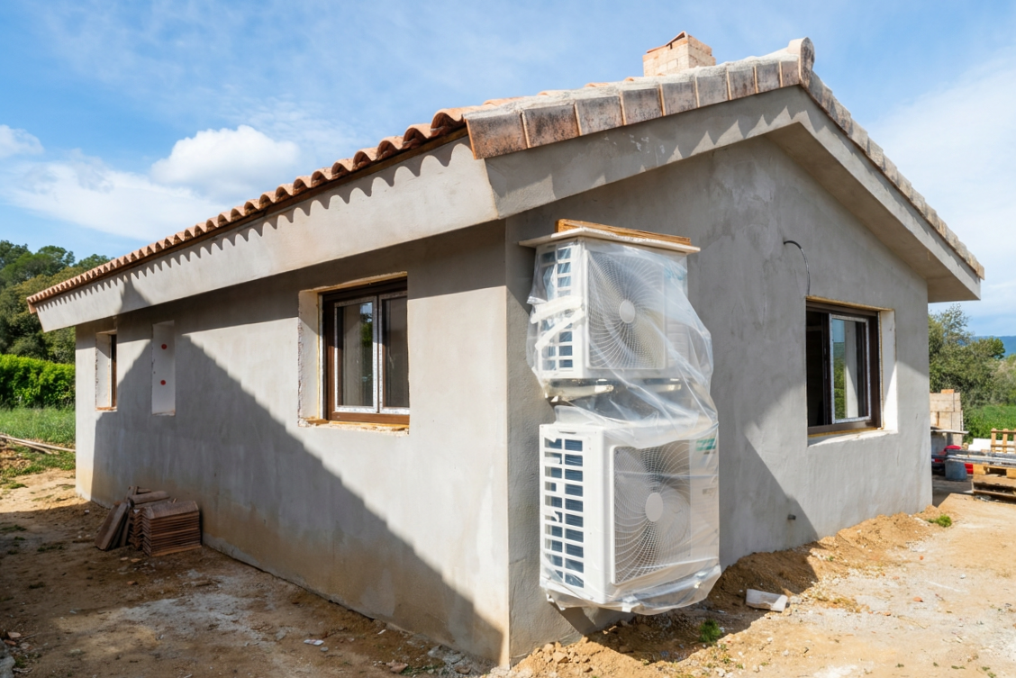 Instalación de climatización y aerotermia en vivienda unifamiliar de nueva construcción. Sistemas energéticamente eficientes diseñados para mejorar el confort, reducir el consumo y optimizar el rendimiento de la vivienda durante todo el año.
