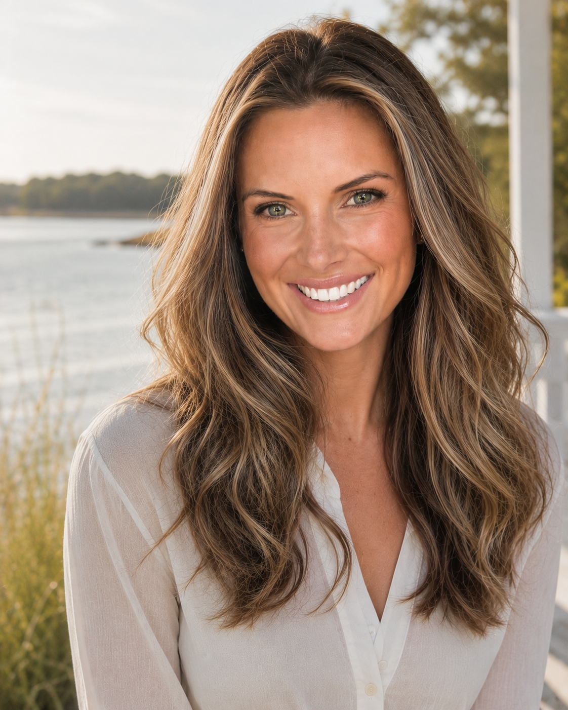 A woman with long wavy brown hair smiling outdoors near a body of water with trees in the background.