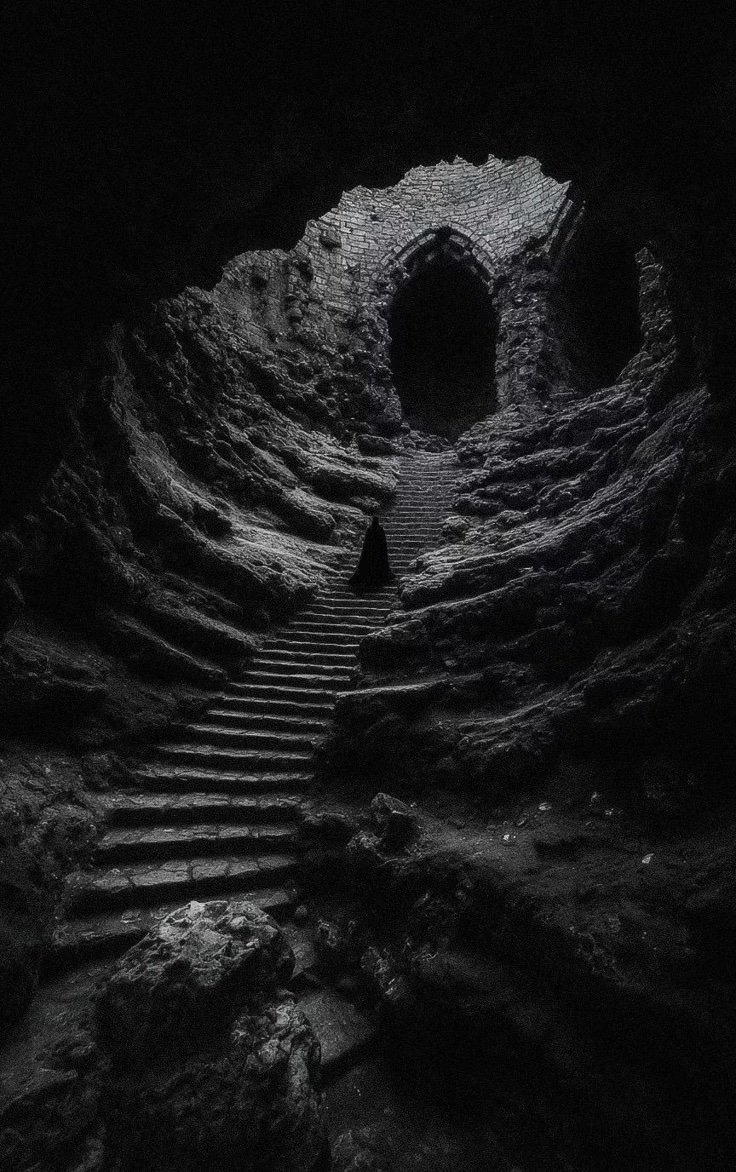 Dark, rocky underground cavern with a stone staircase leading up to an arched doorway at the top.