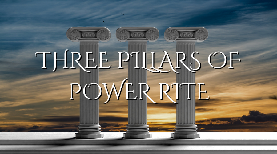 Three ancient Greek-style columns with sunset sky in the background and the text 'Three Pillars of Power Rite' overlayed.