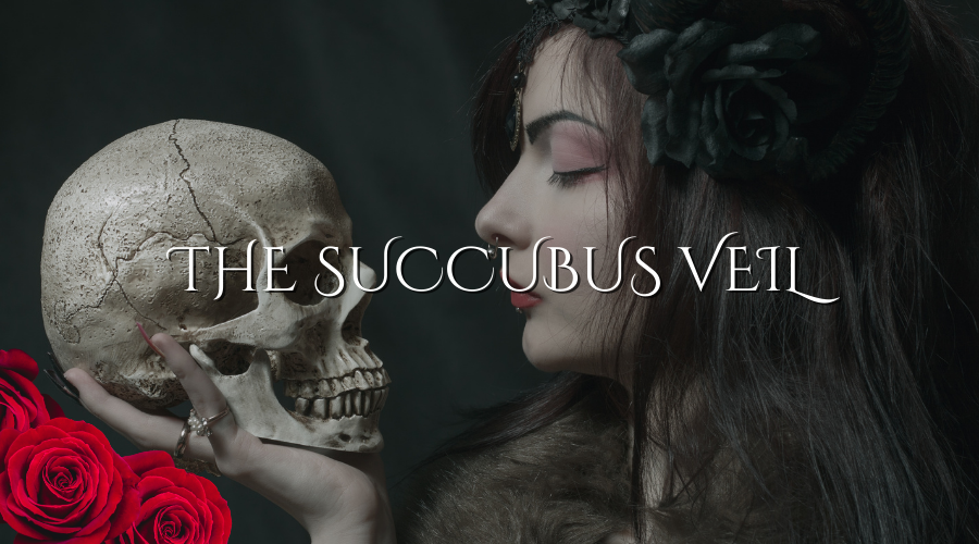 A woman with dark hair, makeup, and black roses in her hair, holding a skull close to her face, with red roses in the bottom left corner, and the text 'The Succubus Veil' overlaid.