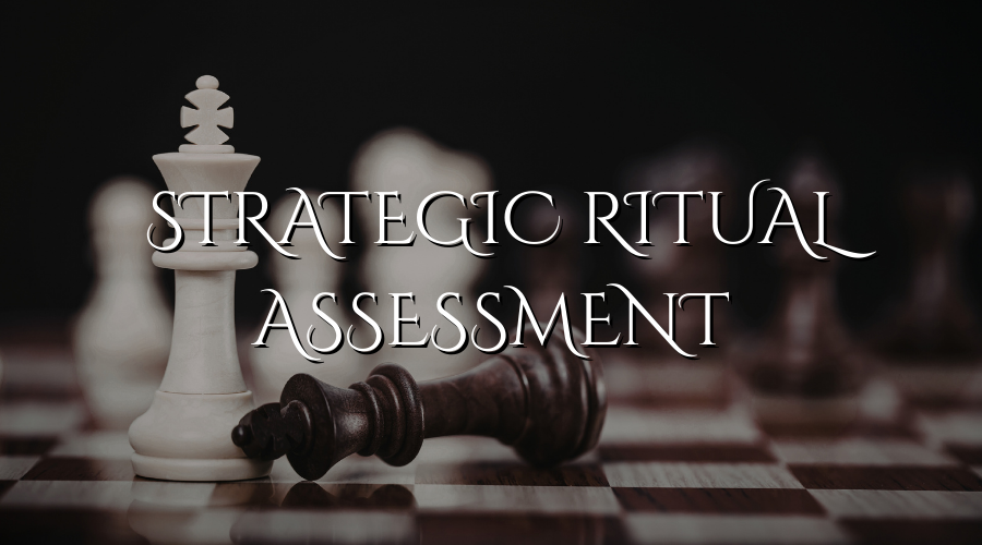 Close-up of a chessboard with a white king and a fallen black king in the foreground, with textual overlay reading 'Strategic Ritual Assessment'.