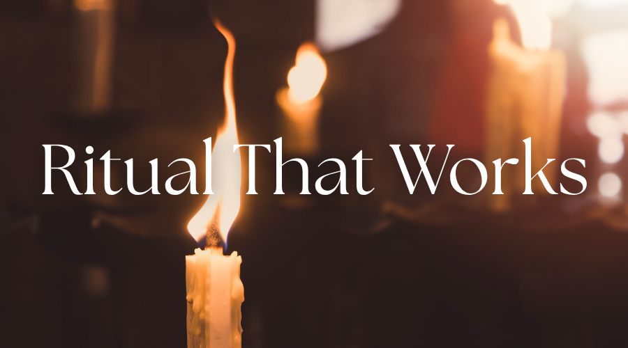 A lit candle with a flame, surrounded by other candles in the background, with the text "Ritual That Works" overlaid.