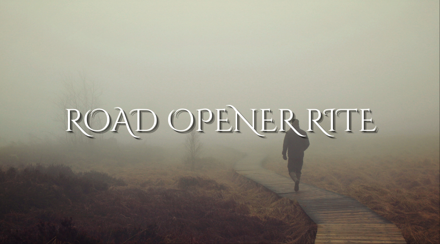 A person walking on a winding wooden walkway through a foggy landscape with trees and grass, with the overlay text 'Road Opening Rite'.