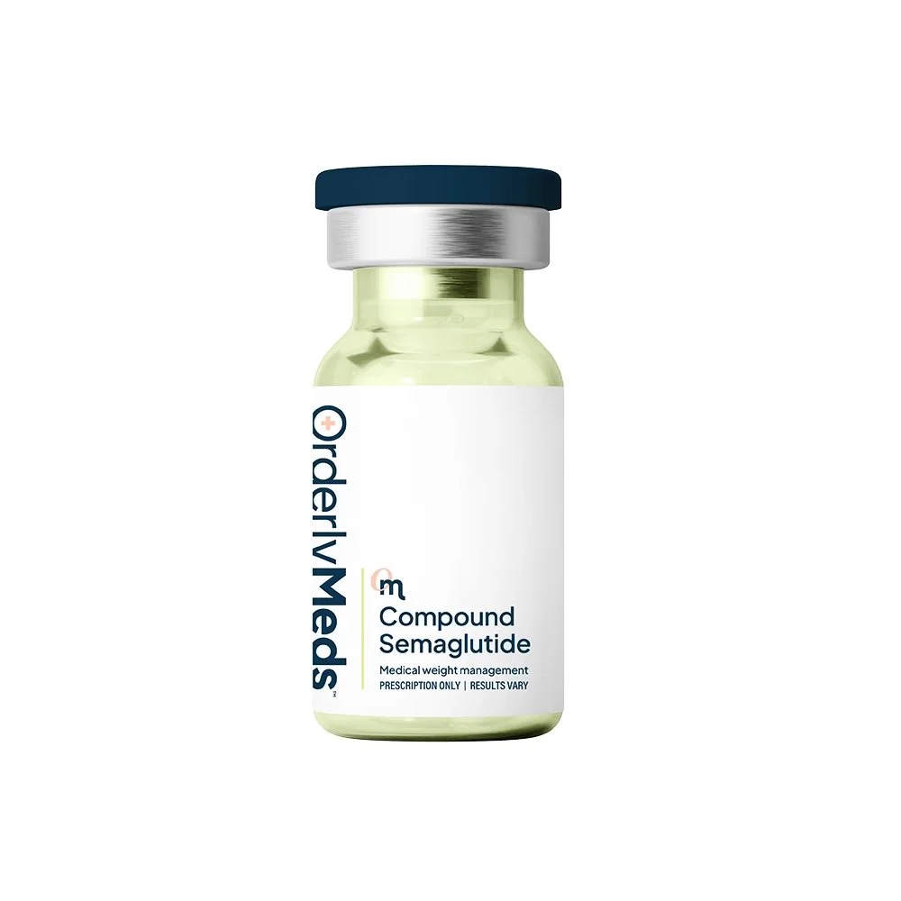 A medical vial labeled 'OrderlyMed's Compound Semaglutide, Medical weight management, Prescription only, Results vary' with a blue, silver, and black cap.