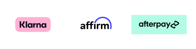 Logos of Klarna, Affirm, and Afterpay, all payment installment services.