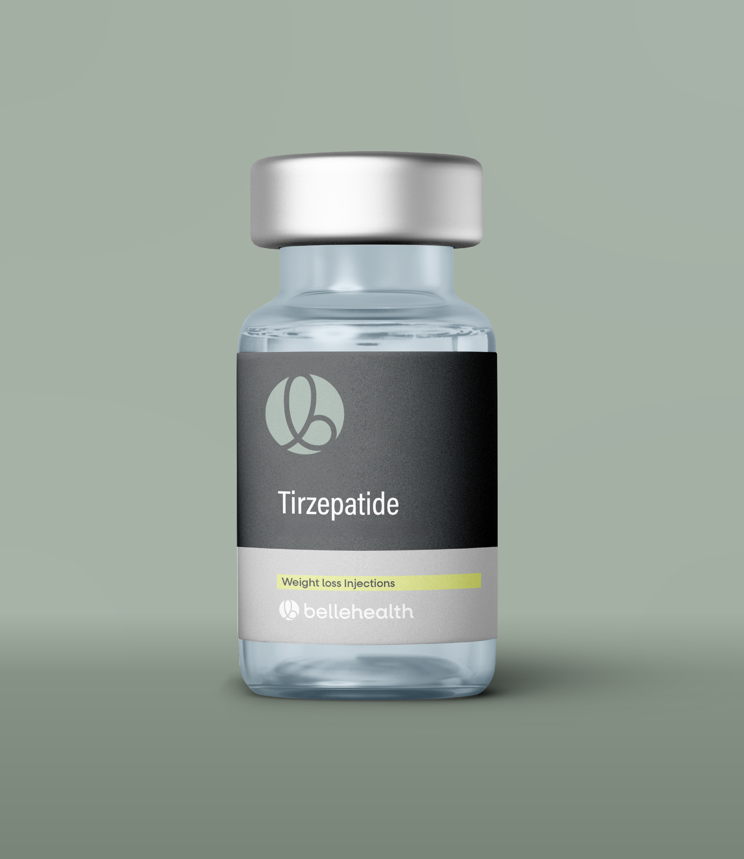 A small glass vial labeled Tirzepatide, a weight loss injection