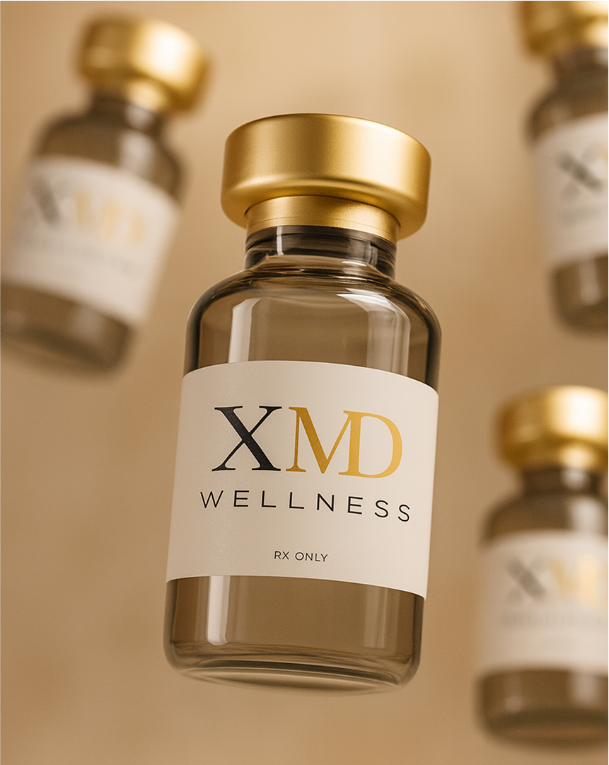 A small glass bottle with a gold cap and a white label that reads "XMD Wellness" and "RX ONLY," with other similar bottles blurred in the background.