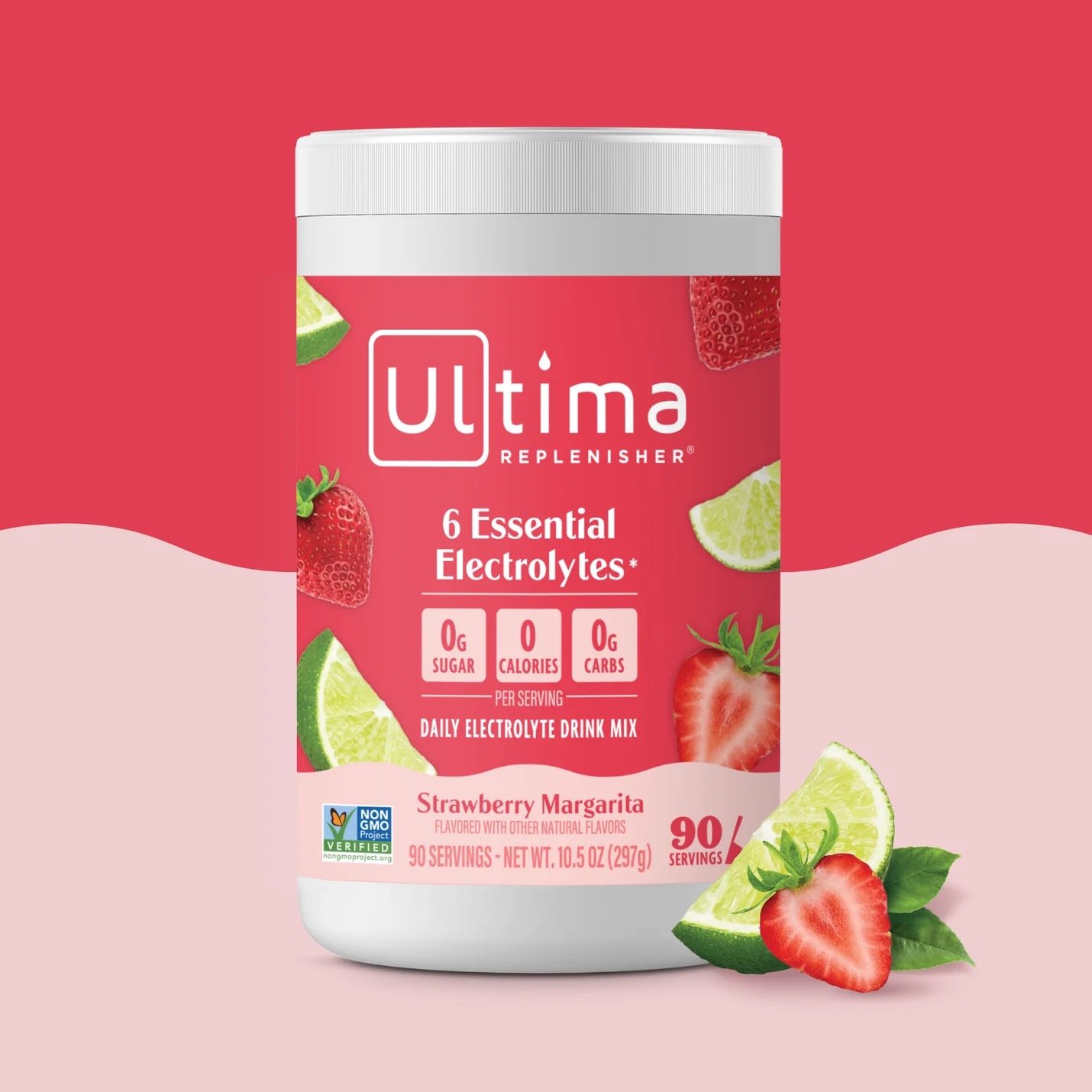 Container of Ultima Replenisher Strawberry Margarita flavored electrolyte drink mix with strawberries and lime slices around it, on a pink background.