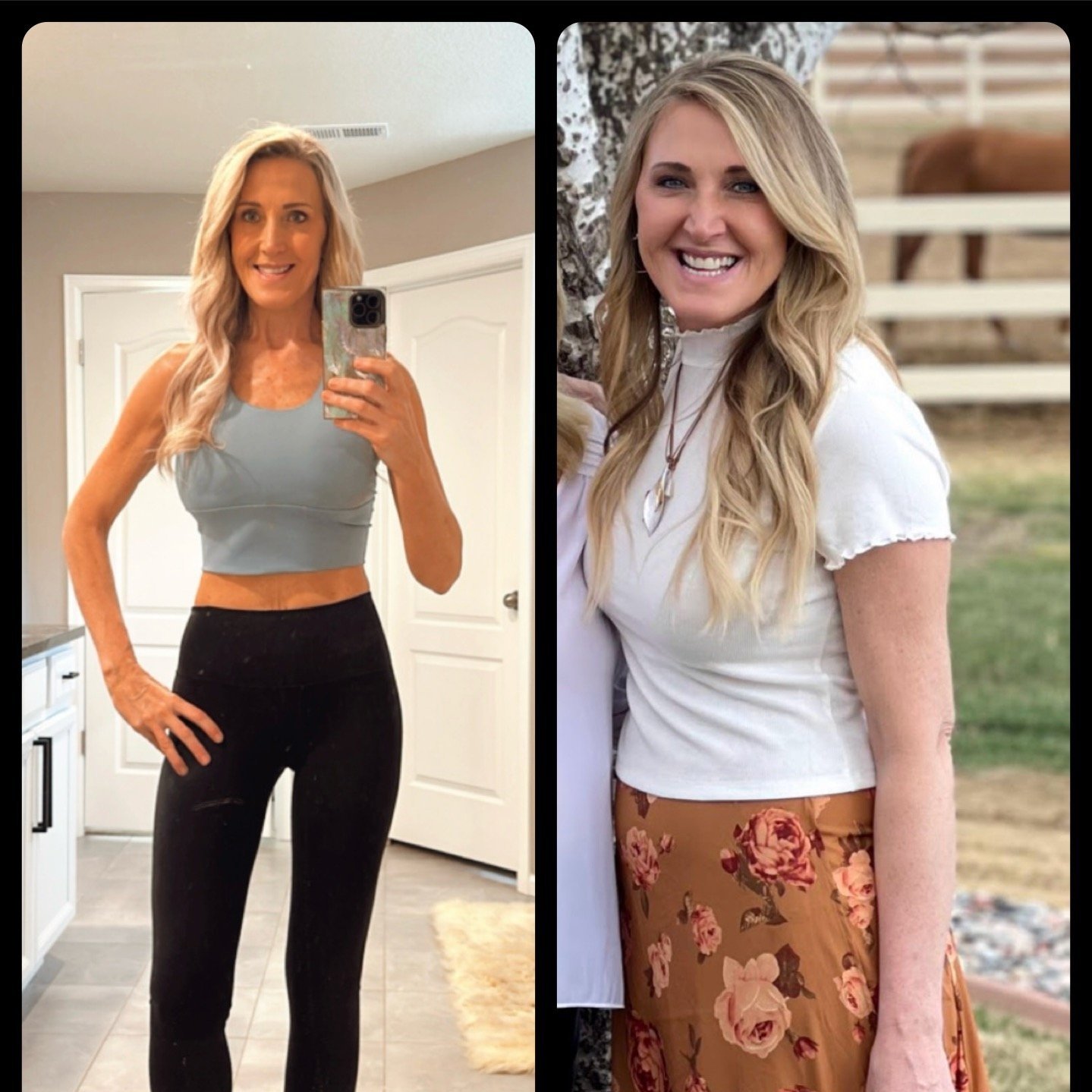 Side-by-side photos of the same woman with long blonde hair, one indoors taking a mirror selfie and the other outdoors smiling. She wears different outfits in each photo.