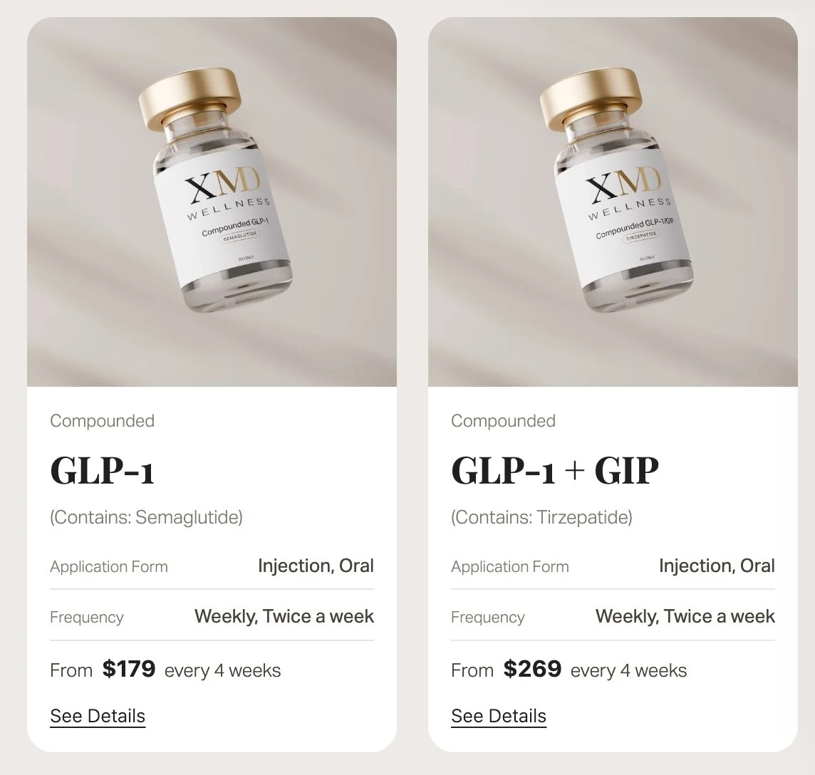 Two medical supplement bottles labeled "XM Wellness" with white labels, gold caps, and black and gold text, displayed against a neutral background.