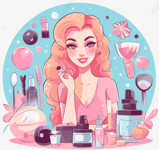 Illustration of a woman with long, wavy blonde hair surrounded by makeup and skincare products, including lipstick, blush, perfume, and brushes, with a light blue background and decorative elements.