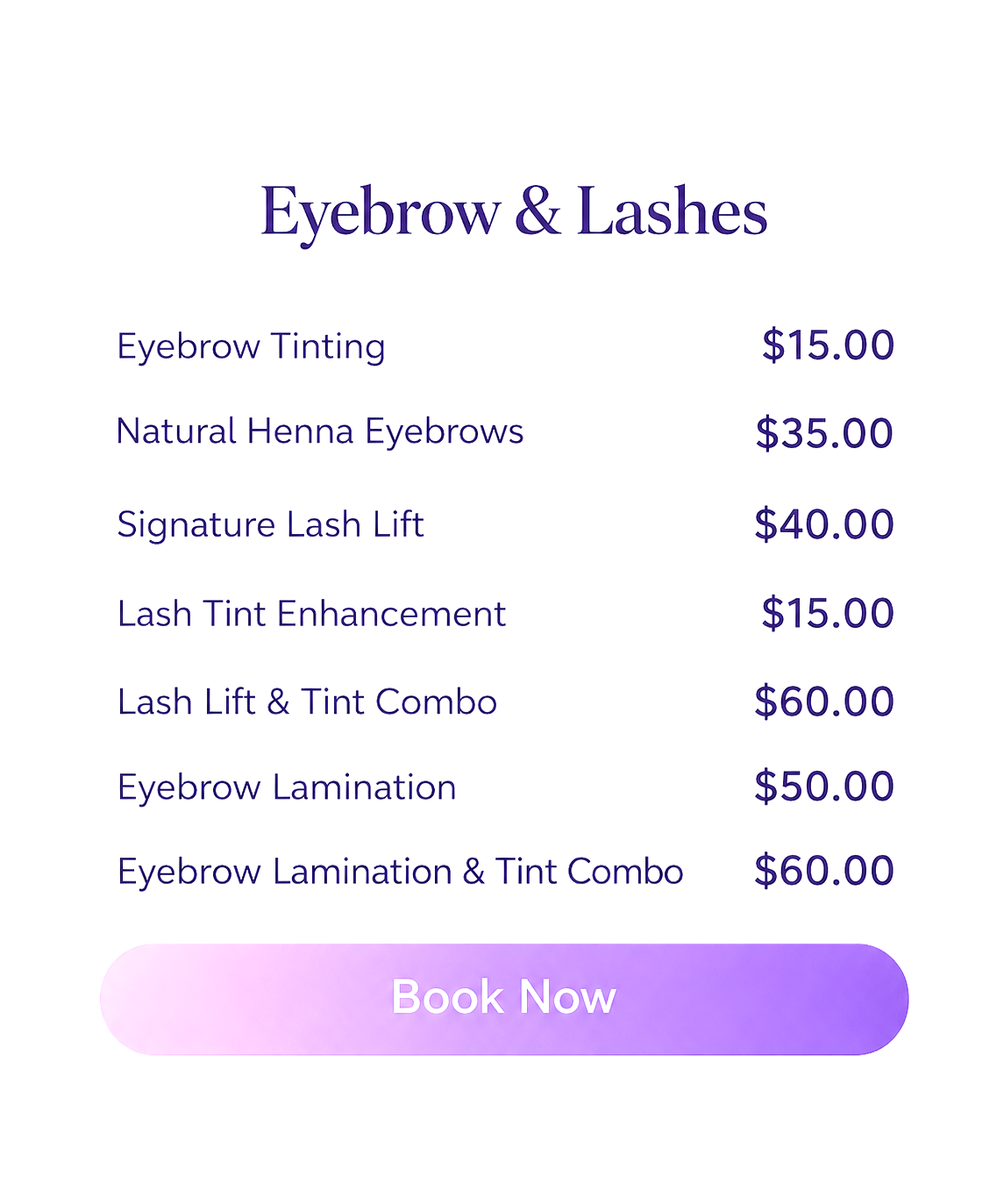 Beauty salon menu listing services for eyebrows and lashes with prices, and a booking button.