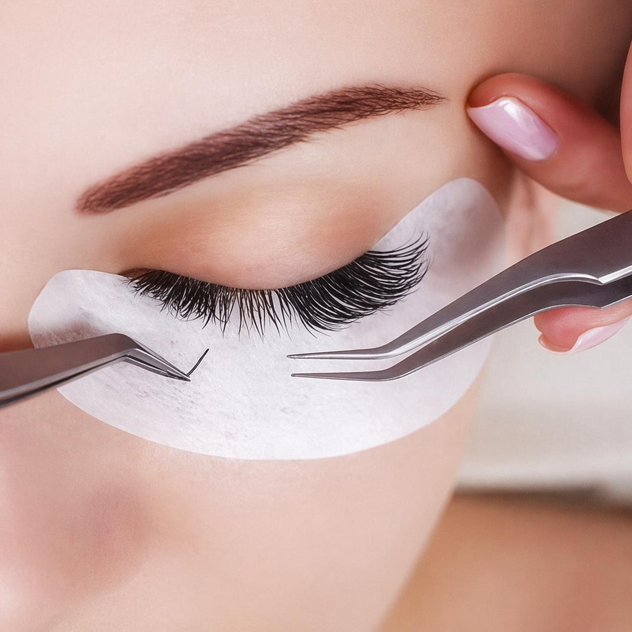 A close-up of an eyelash extension process with a person holding tweezers near an eye with long, dark false eyelashes, a brow, and a eye pad underneath.