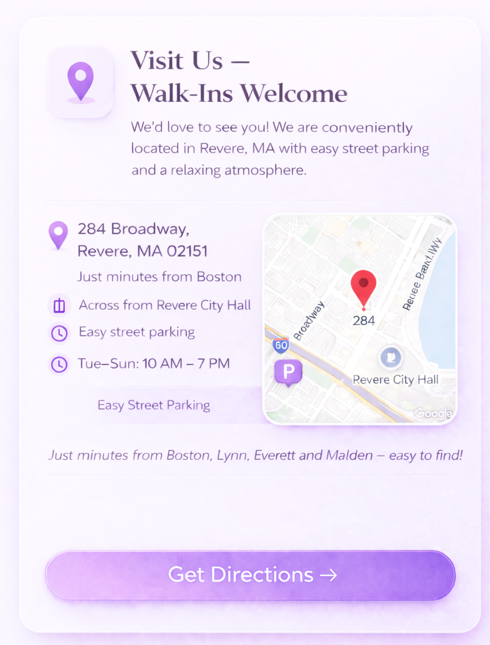 Flyer with information about visiting Revere, MA. It includes a map pin icon, a map snippet showing 284 Broadway location near Revere City Hall, and details about parking and hours of operation from Tuesday to Sunday, 10 AM to 7 PM.