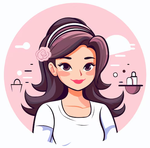 Cartoon drawing of a woman with long dark hair, a headband with a pink flower, and wearing a white shirt, against a pink background with clouds and beauty products.