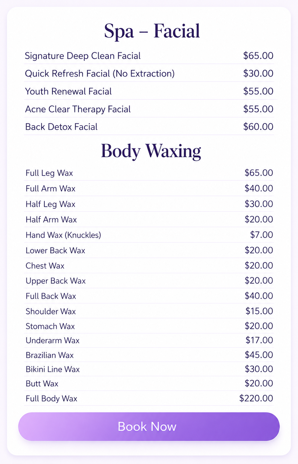 A spa menu listing various facial and body waxing treatments with their prices and a purple "Book Now" button at the bottom.
