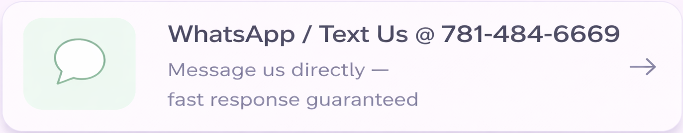 WhatsApp contact information for messaging, including a phone number and a logo of a speech bubble.