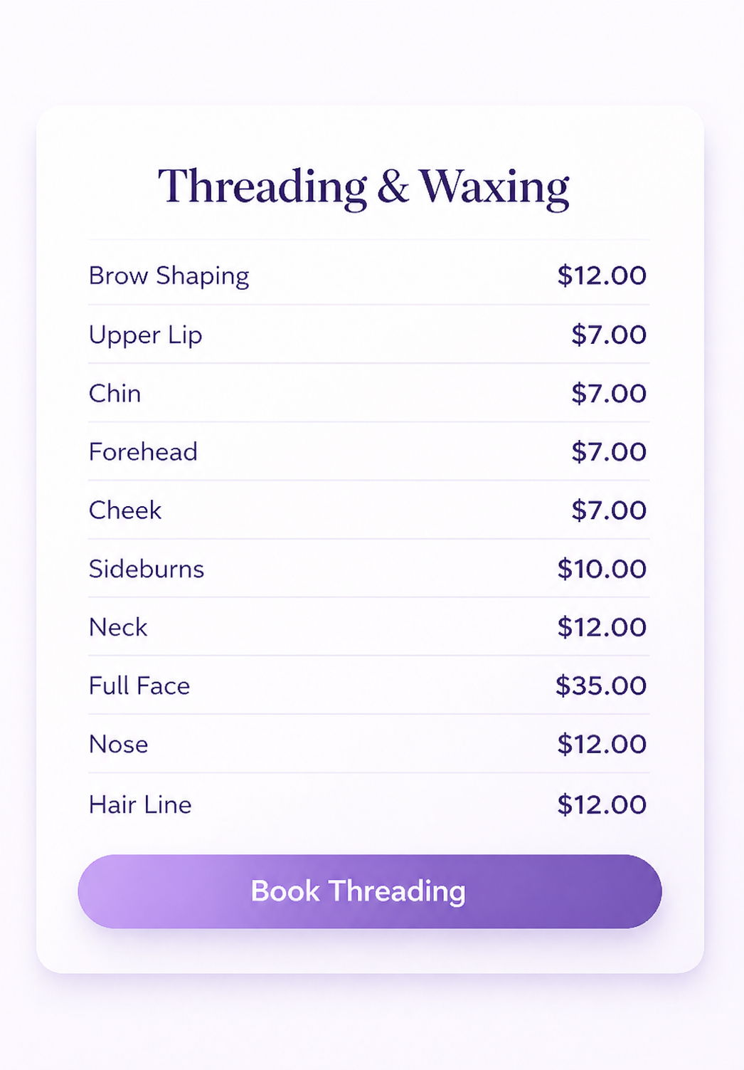 A salon menu listing prices for threading and waxing services, including brow shaping, upper lip, chin, forehead, cheek, sideburns, neck, full face, nose, and hairline, with a "Book Threading" button at the bottom.