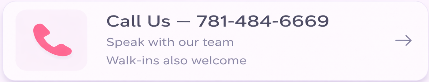 A contact information card with a pink phone icon, displaying a phone number and text inviting calls, speaking with the team, and walk-ins.