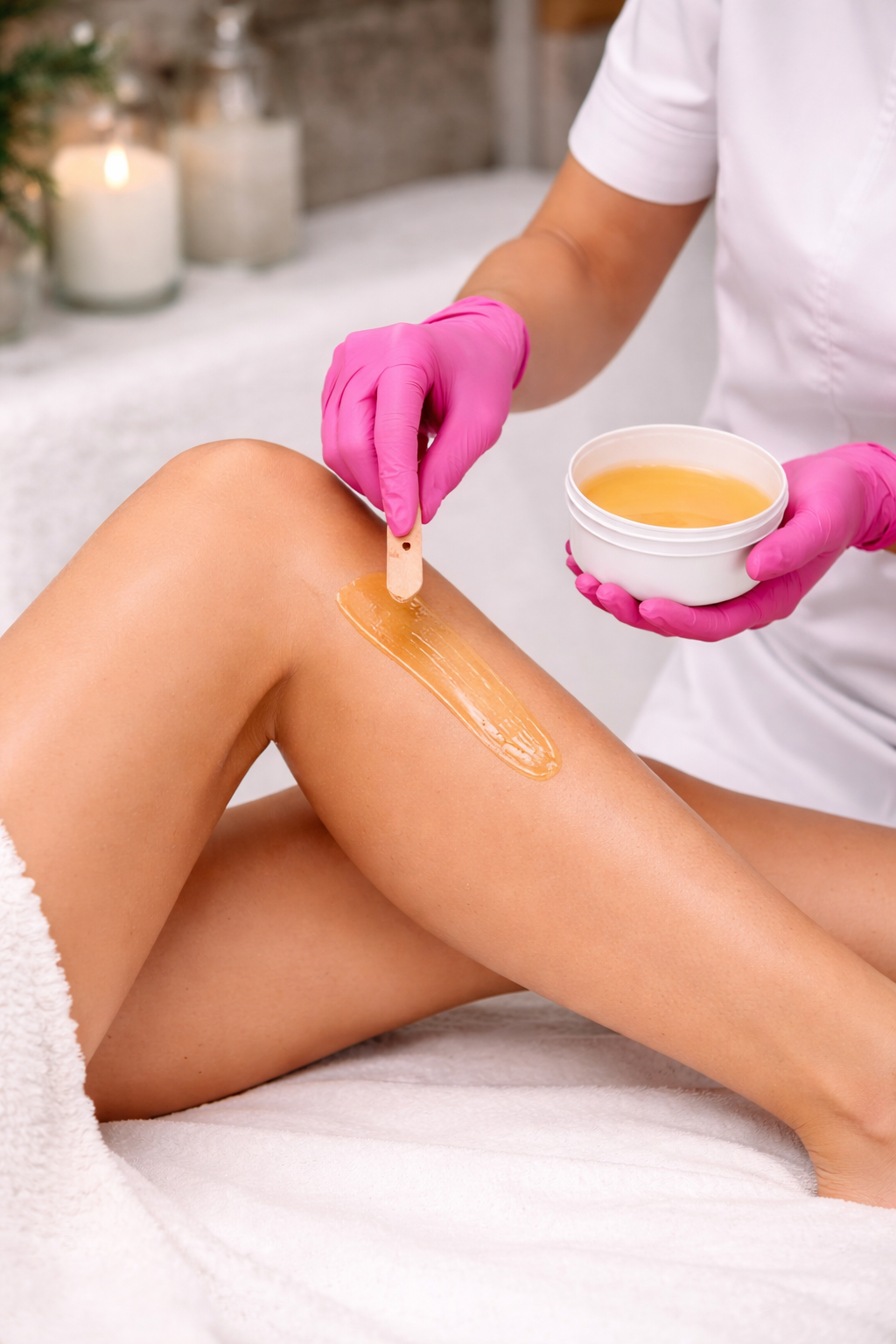 A person getting a wax treatment on their thigh in a spa setting, with a professional wearing pink gloves applying warm wax from a bowl.