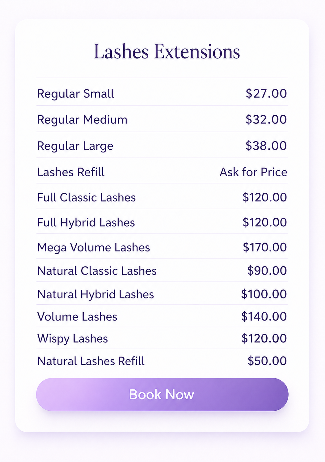 Pricing list for eyelash extensions, including small, medium, large, refill, classic, hybrid, mega volume, natural, and wispy styles, with a purple 'Book Now' button at the bottom.