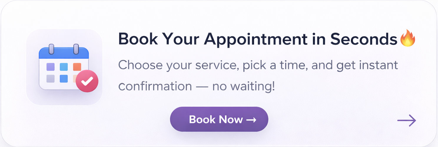 Offer to book appointments instantly with a calendar icon and a checkmark, emphasizing ease and speed.