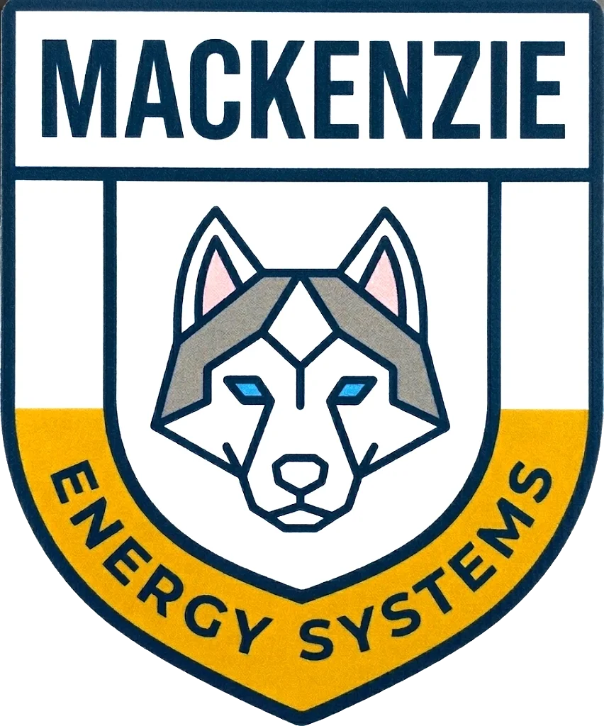 Mackenzie Energy Systems logo with a stylized wolf head in white, gray, pink, and blue, and the company name above and below in bold letters.