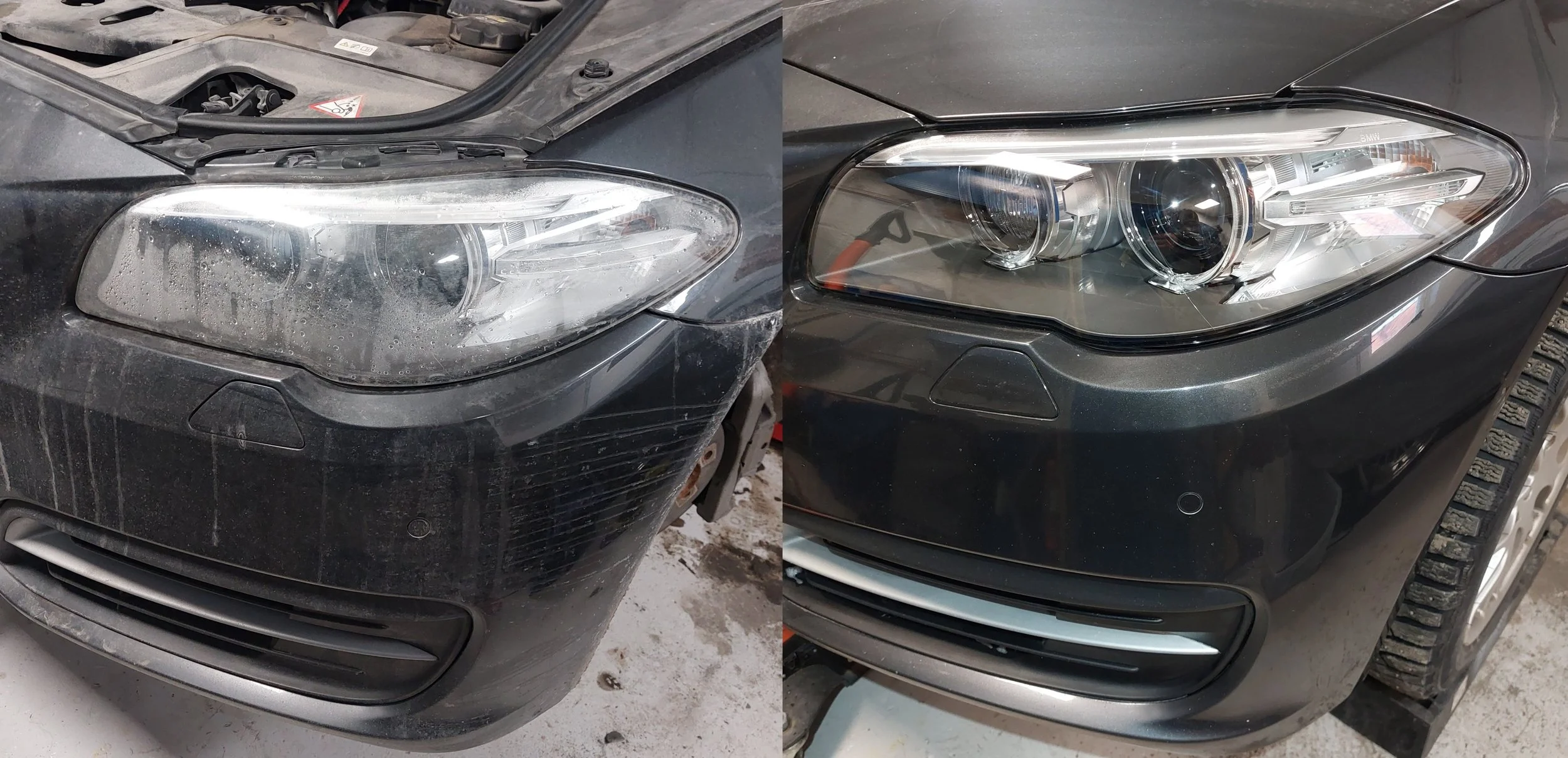 Comparison of two car headlights, left is dirty and foggy, right is clean and clear, showing the before and after of headlight restoration.