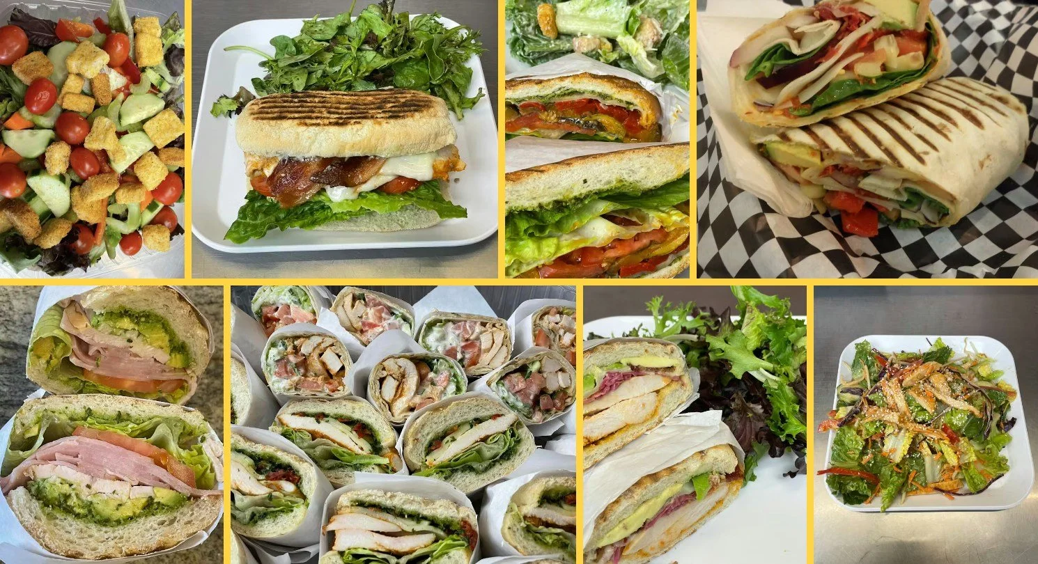 A collage of various salads, sandwiches, and wraps including a garden salad, a grilled panini, cut sandwiches with vegetables and meats, and a salad with mixed greens.