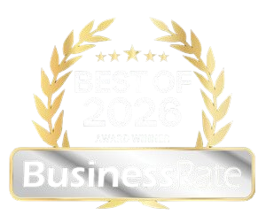 A graphic award badge with a gold laurel wreath, featuring text that reads 'Best of 2022' and 'BusinessRate'.