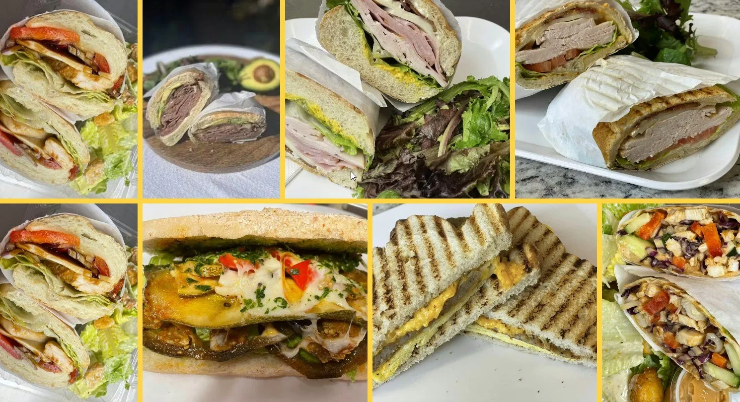 A collage of various sandwiches and wraps, including a club sandwich, grilled sandwich with egg filling, veggie wraps, and a veggie sub.