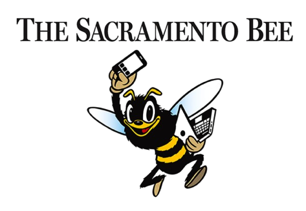 Logo for The Sacramento Bee featuring a cartoon bee holding a smartphone and a laptop.