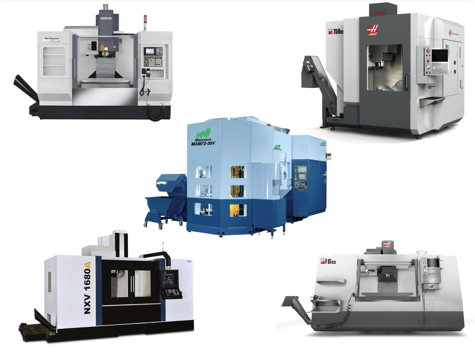 Collection of five different CNC turning machines used for manufacturing and machining metal and acrylic materials.