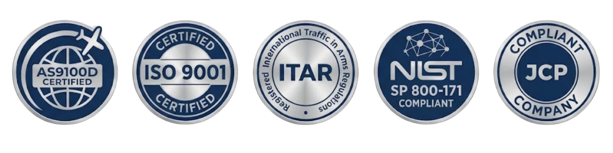 Row of six certification badges, including AS9100D, ISO 9001, ITAR, NIST SP 800-171, and JCP Company Compliance badges.