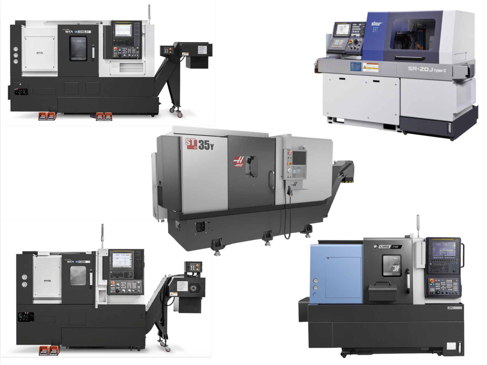 Collection of five different computer numerical control (CNC) milling machinery used in manufacturing, including a Hyundai WIA, Star, Haas, DMG Mori, and Lynx.