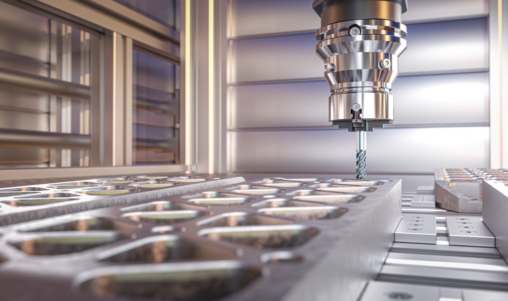 Close-up of a CNC machine with a drill bit, working on a metal grid with multiple holes in an industrial setting.