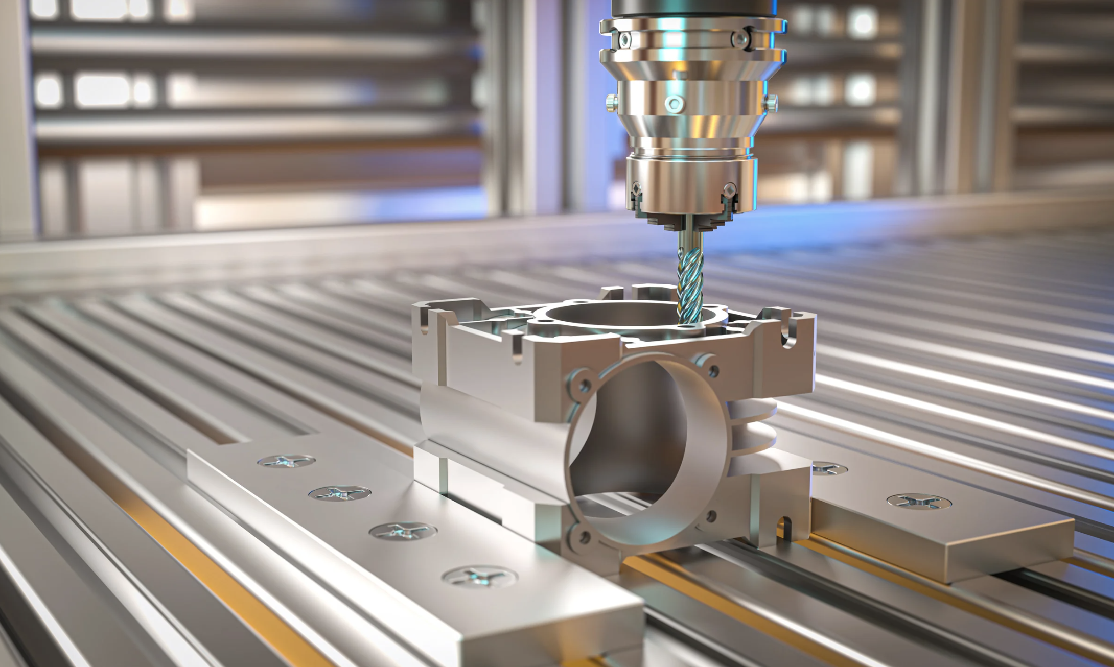 A metal CNC machine with a drill bit cutting into a circular metal component on a precision grid table.